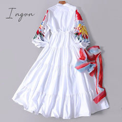 Ingvn - High Quality Luxury Design Runway Female Elegant Embroidery Women Dress Lantern Sleeve High Waist Maxi Long Dresses