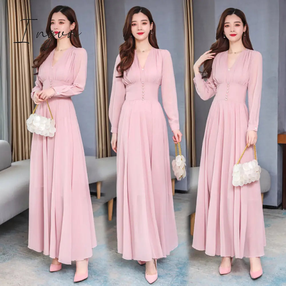 Ingvn - Vintage Elegant Solid Women's Party Chiffon High Quality V-Neck Slim Female Long Sleeve Autumn Vestidos Long Dresses Robe