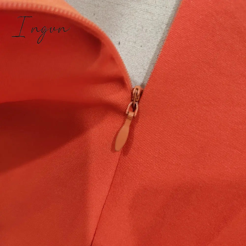 Ingvn - Women Dress Bare Shoulder Waist Belt Long A Line Pleated Orange Casual Fashion Female Ladies Elegant New Autumn Summer Robes