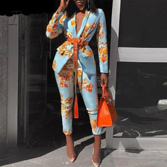 Ingvn - Women Chic Elegant All over Print Long Sleeve Sashes Ankle-Length Pants Spring Working Blazer Sets