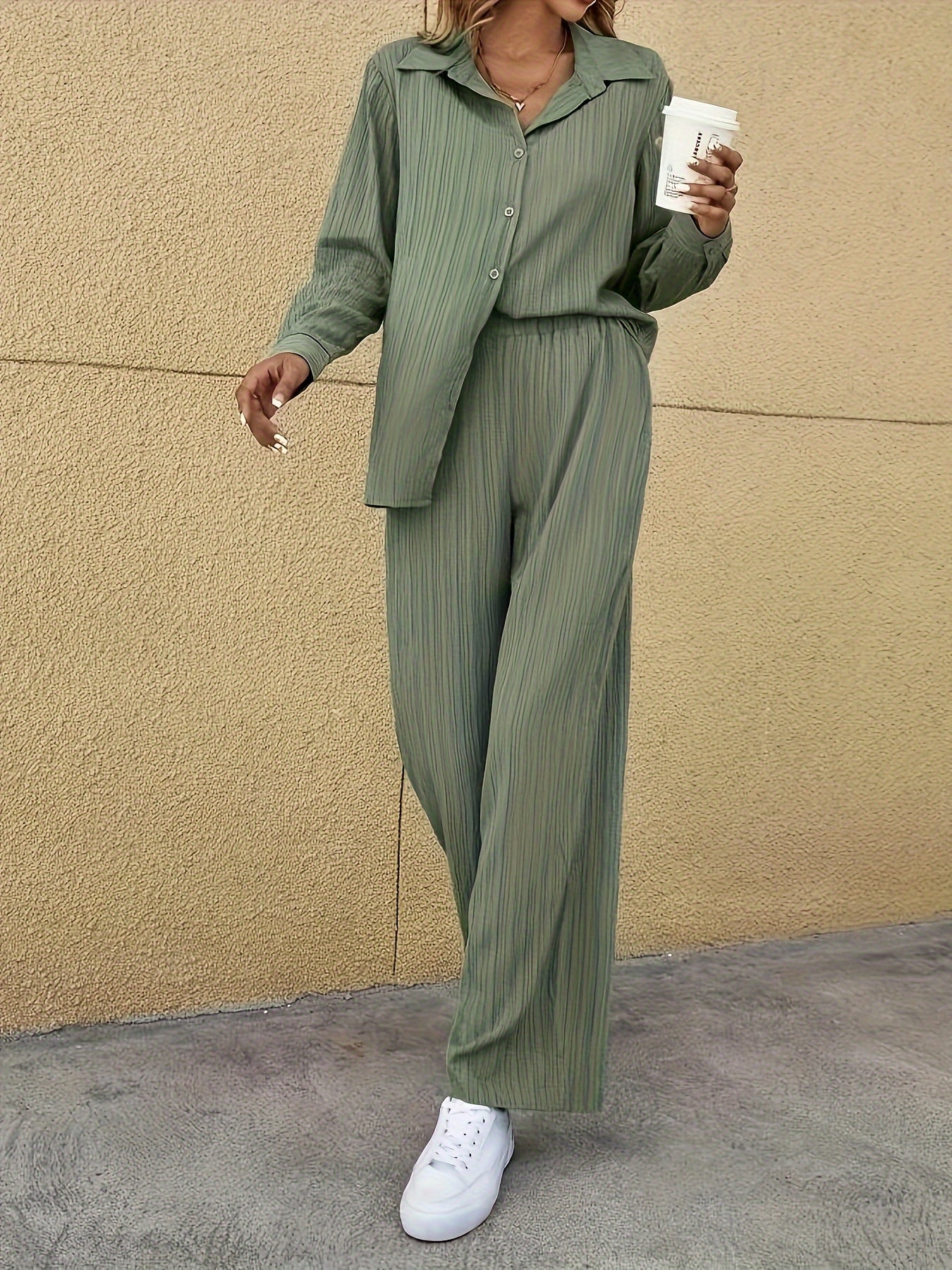 Chic Solid Textured Womens Two-Piece Set - Trendy Button Front Long Sleeve Shirt & Elastic Waist Wide Leg Pants Outfit - Versatile Casual Wear for Fashion-Forward Ladies