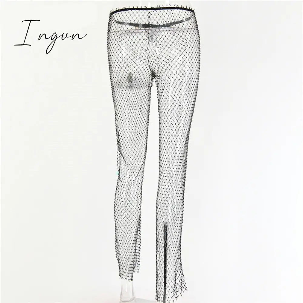 Ingvn - New Crystal Diamond Shiny Women Pants Summer Sexy Hollow Out Elastic Fishnet Trousers Fashion See Through Beachwear