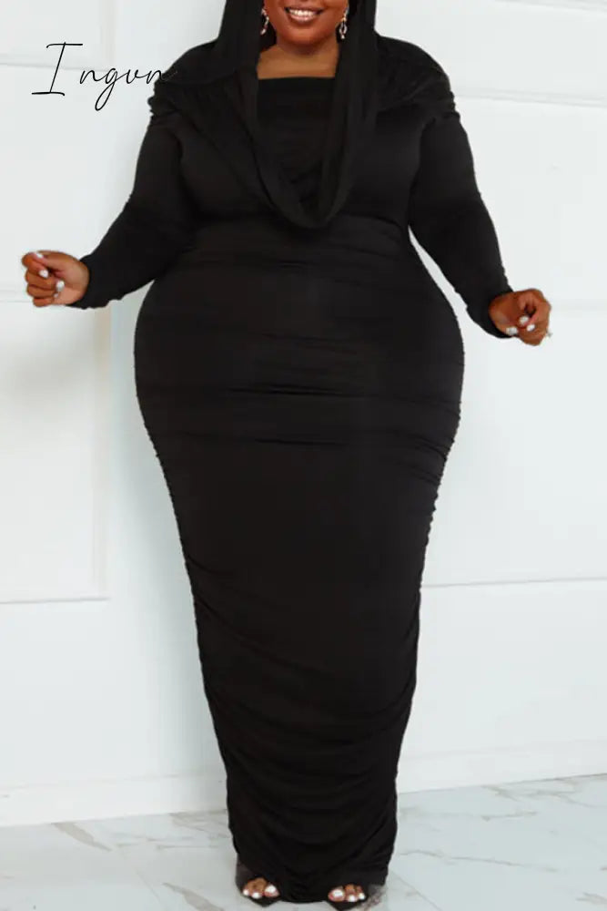 Ingvn - Rose Red Sexy Street Solid Patchwork Hooded Collar Wrapped Skirt Plus Size Dresses