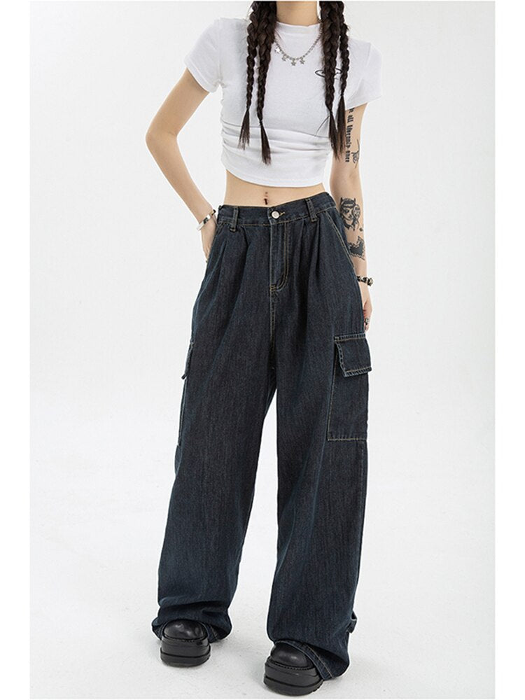 Harajuku Oversize Cargo Pants Women Japanese Streetwear Loose Wide Leg Trousers for Female Pockets Baggy Jeans Pant