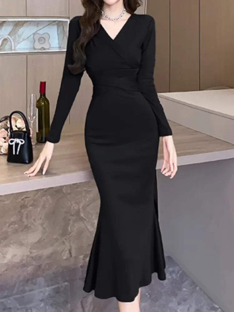 Korean Elegant Chic Black Lace-up Midi Dresses for Women Autumn New Vintage Sexy Fashion Casual Prom Party Female Clothing