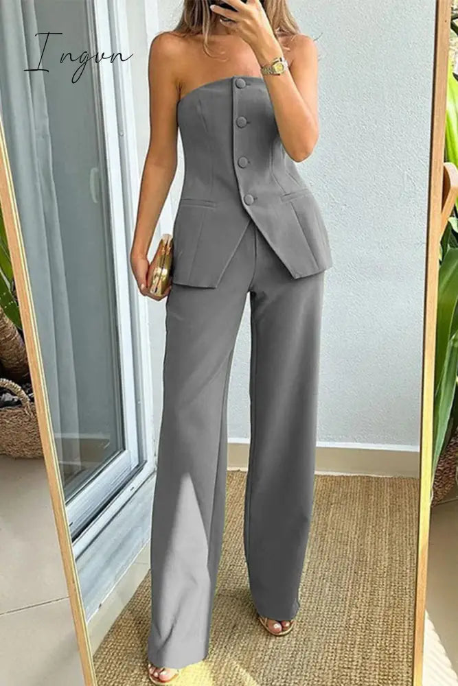 Ingvn - Elegant Solid Buttons Strapless Sleeveless Two Pieces