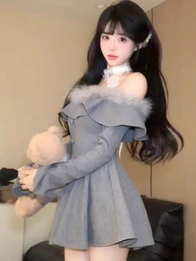 Korean Sweet Mini Dress Sexy Gray Off Shoulder Long Sleeves Lace-up A-Line Party Dresses Y2K Female One Piece Vestidos Mujer New