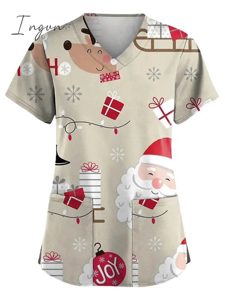 Ingvn - Christmas Scrub Tops Women Christmas Printing Short Sleeve V-Neck Working Uniform with Pocket Pullover Red 3X-Large