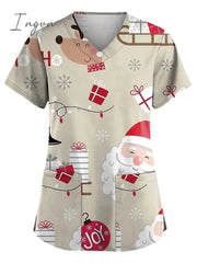 Ingvn - Christmas Scrub Tops Women Christmas Printing Short Sleeve V-Neck Working Uniform with Pocket Pullover Red 3X-Large
