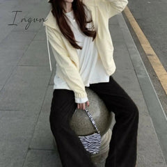 Ingvn - Beige Corduroy Wide Leg Pants Women Korean Style Soft Girl Pink Spring Plus Size Black Trousers For Female Oversize