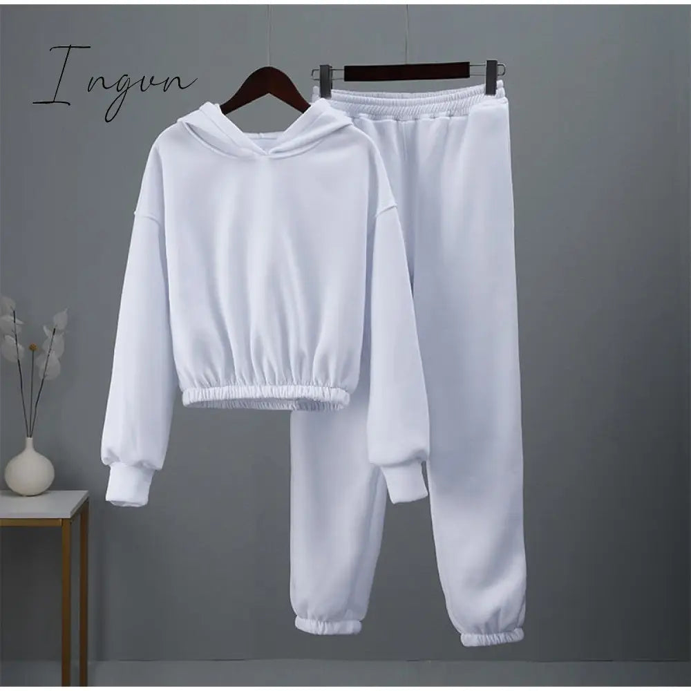 Ingvn - Fashion Casual Fleece Tracksuits Women Solid Warm 2 Piece Set Loose Hoodies And Sweatpants Suit Autumn Winter Sportswear Outfits