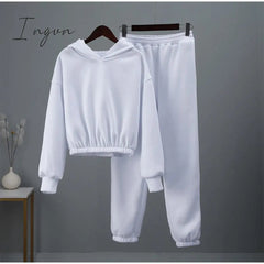 Ingvn - Fashion Casual Fleece Tracksuits Women Solid Warm 2 Piece Set Loose Hoodies And Sweatpants Suit Autumn Winter Sportswear Outfits