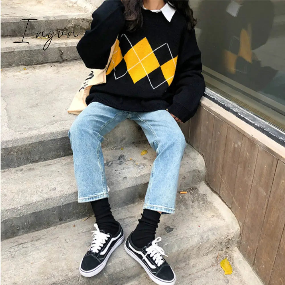 Ingvn - Women Knitted Sweater Fashion Oversized Pullovers Ladies Winter Loose Sweater Korean College Style Women Jumper Sueter Mujer