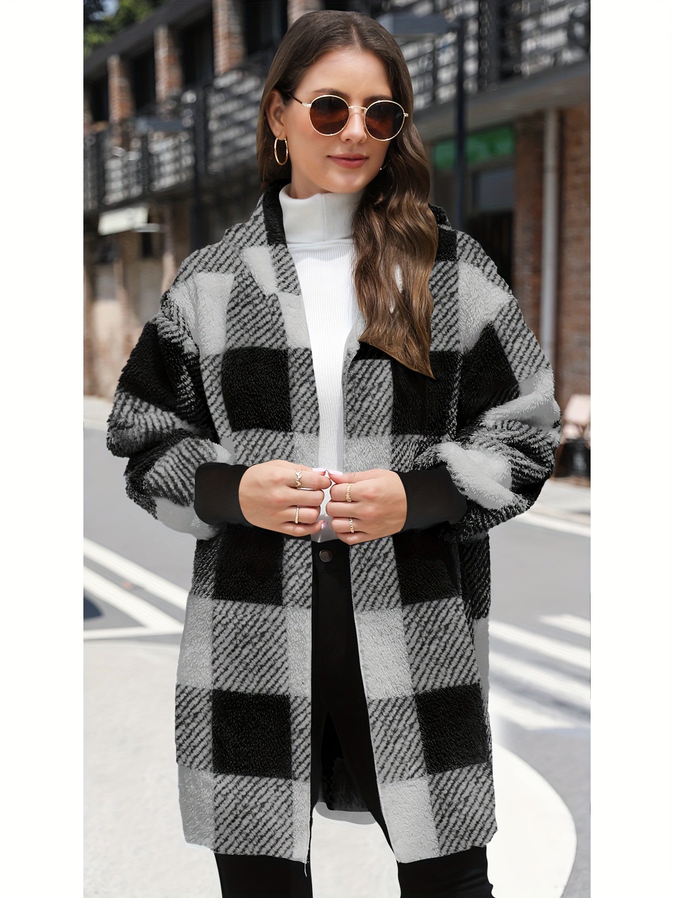 Stylish Long Sleeve Hooded Plush Lined Cardigan - Fleece Jackets with Color Block Plaid Print, Soft and Warm Women's Clothing for Winter