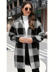 Stylish Long Sleeve Hooded Plush Lined Cardigan - Fleece Jackets with Color Block Plaid Print, Soft and Warm Women's Clothing for Winter