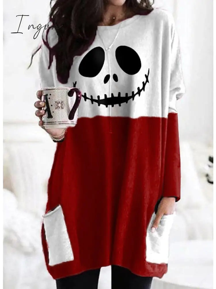 Ingvn - Women's Tunic Shirts Tunic Black White Wine Plaid Color Block Pocket Print Long Sleeve Halloween Weekend Round Neck Long Abstract Painting S
