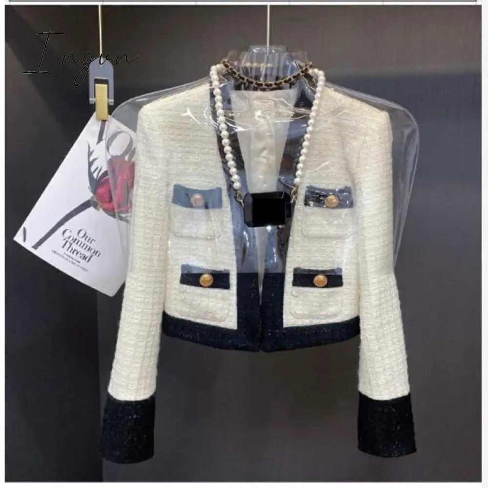 Ingvn - 2023 New Little Fragrance Two Piece Set Streetwear Stylish V-Neck Tweed Jacket+High Waist A-Line Skirt With Split Wide Leg Pants