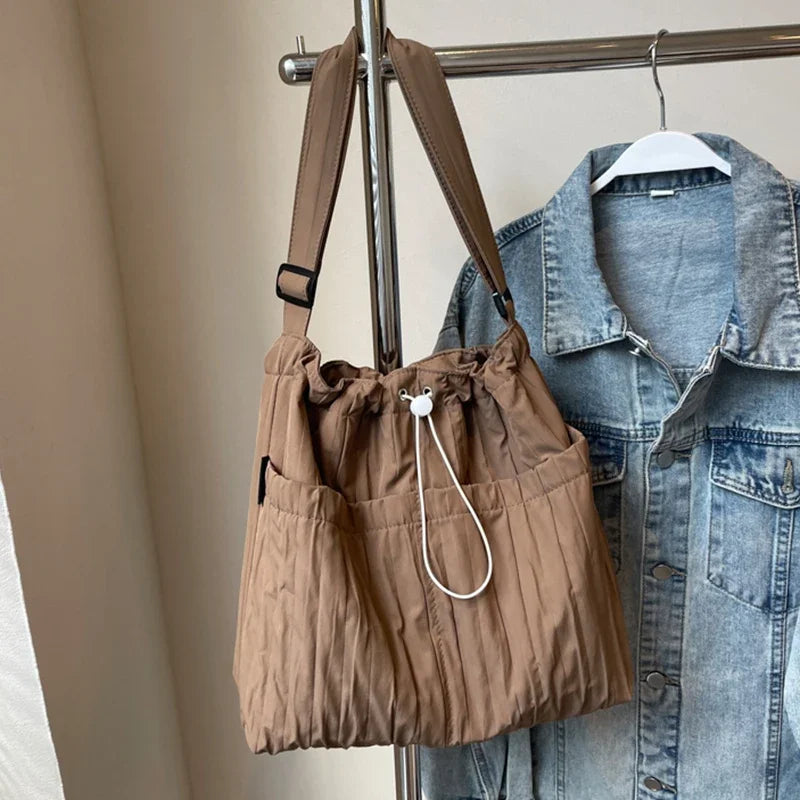 Ingvn  Simple Pleated Women's Shoulder Bag Soft Nylon Ladies Crossbody Bags Vintage Large Capacity Female Tote Drawstring Handbags
