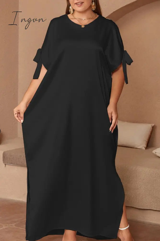 Ingvn - Casual Solid Frenulum Slit O Neck Long Dress Plus Size Dresses