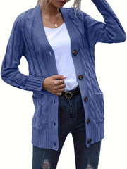Cable Knit Button Front Cardigan, Casual Solid Long Sleeve Cardigan For Fall & Winter, Women's Clothing