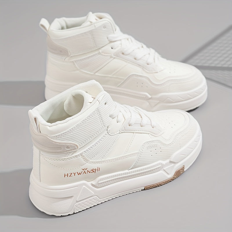 Trendy Women's High-Top Sneakers - Versatile White, Lace-Up Casual Shoes with Thick Sole, Breathable PU Cover & Comfort Fabric