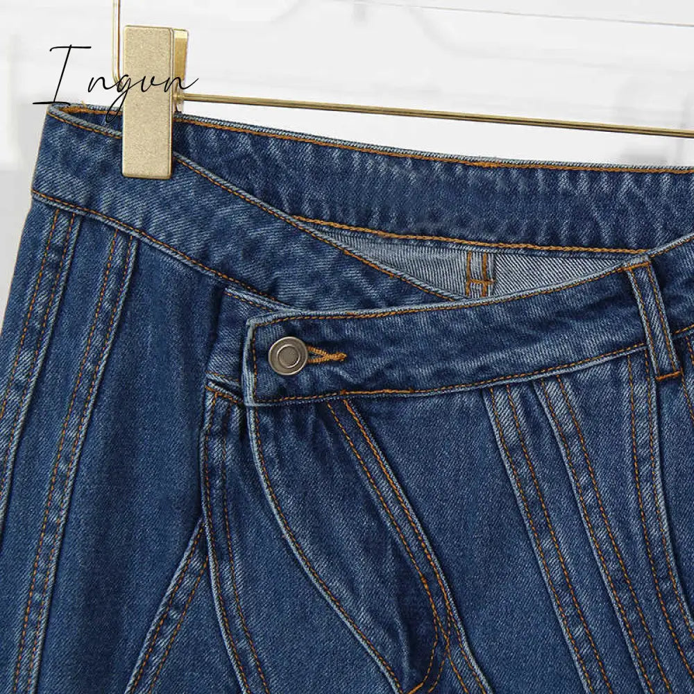 Ingvn - Asymmetrical Spliced Oblique Waist Placket Trousers New Loose Fit Pants Women Fashion Tide Spring Autumn