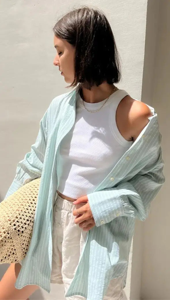 Ingvn  Chic Striped Women Shirt Loose 100% Cotton Shirts Tops Ladies Casual Lapel Oversized Lace Up Blouse Women Tops Blouse