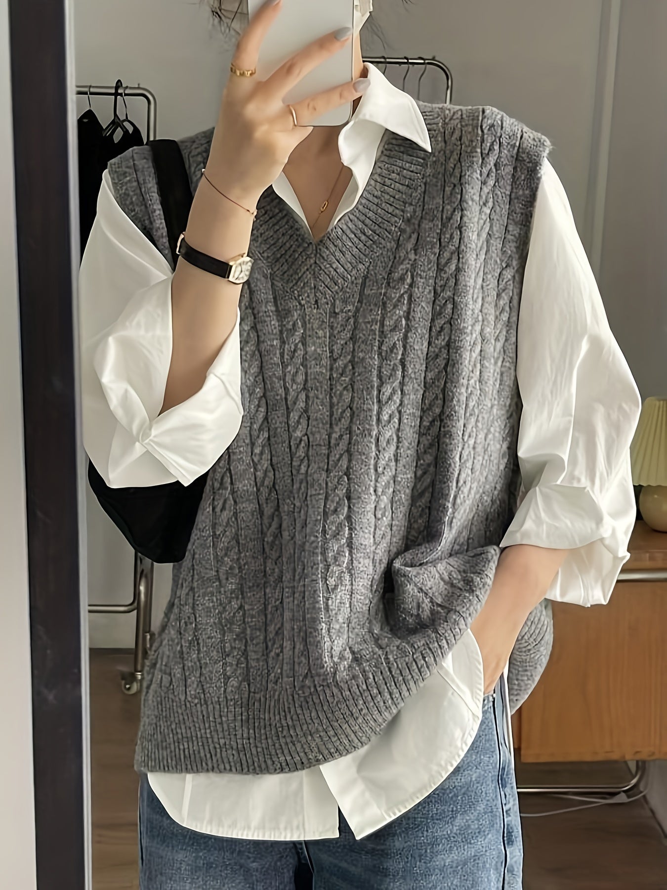 Solid V Neck Cable Knit Vest - Women's Casual Clothing - Sleeveless Loose Fit Versatile Sweater Vest for Everyday Wear, Comfortable and Stylish