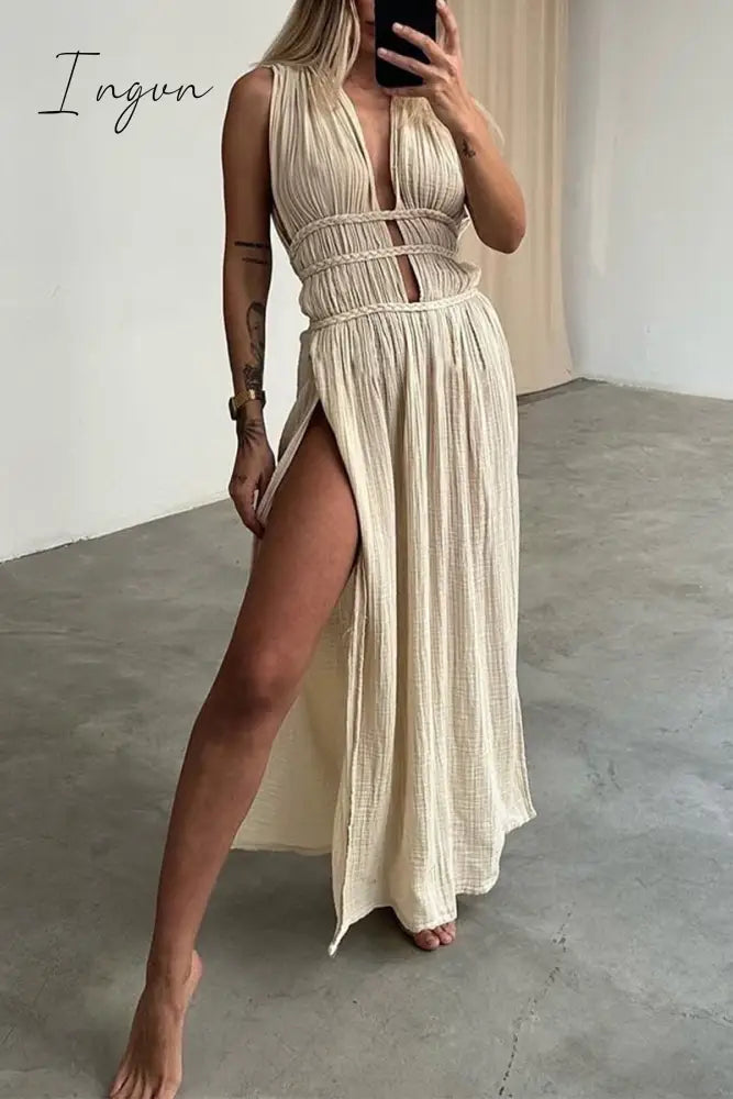 Ingvn - Sexy Bohemian Solid Slit V Neck Beach Dresses