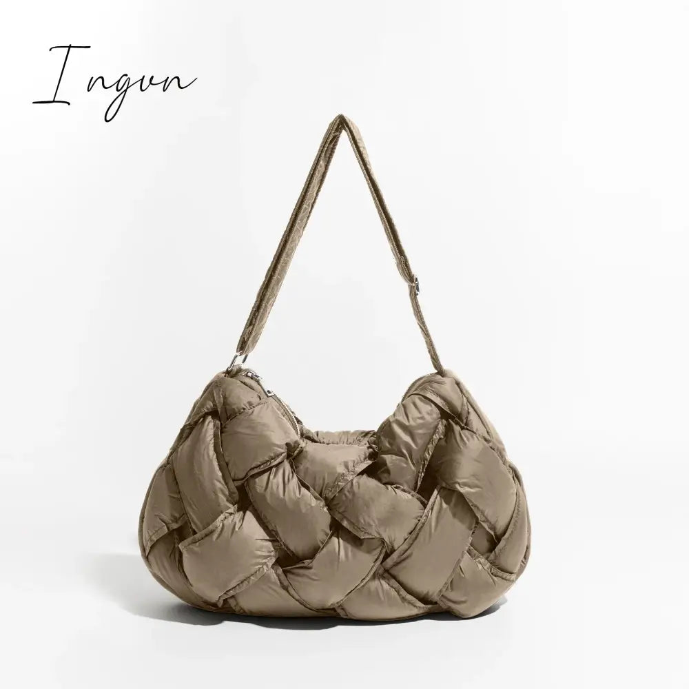 Ingvn - Black Woven Design Padded Shoulder Hobo Bag Cotton Down Crossbody Puffer Purse Big Women Winter Sling Handbag