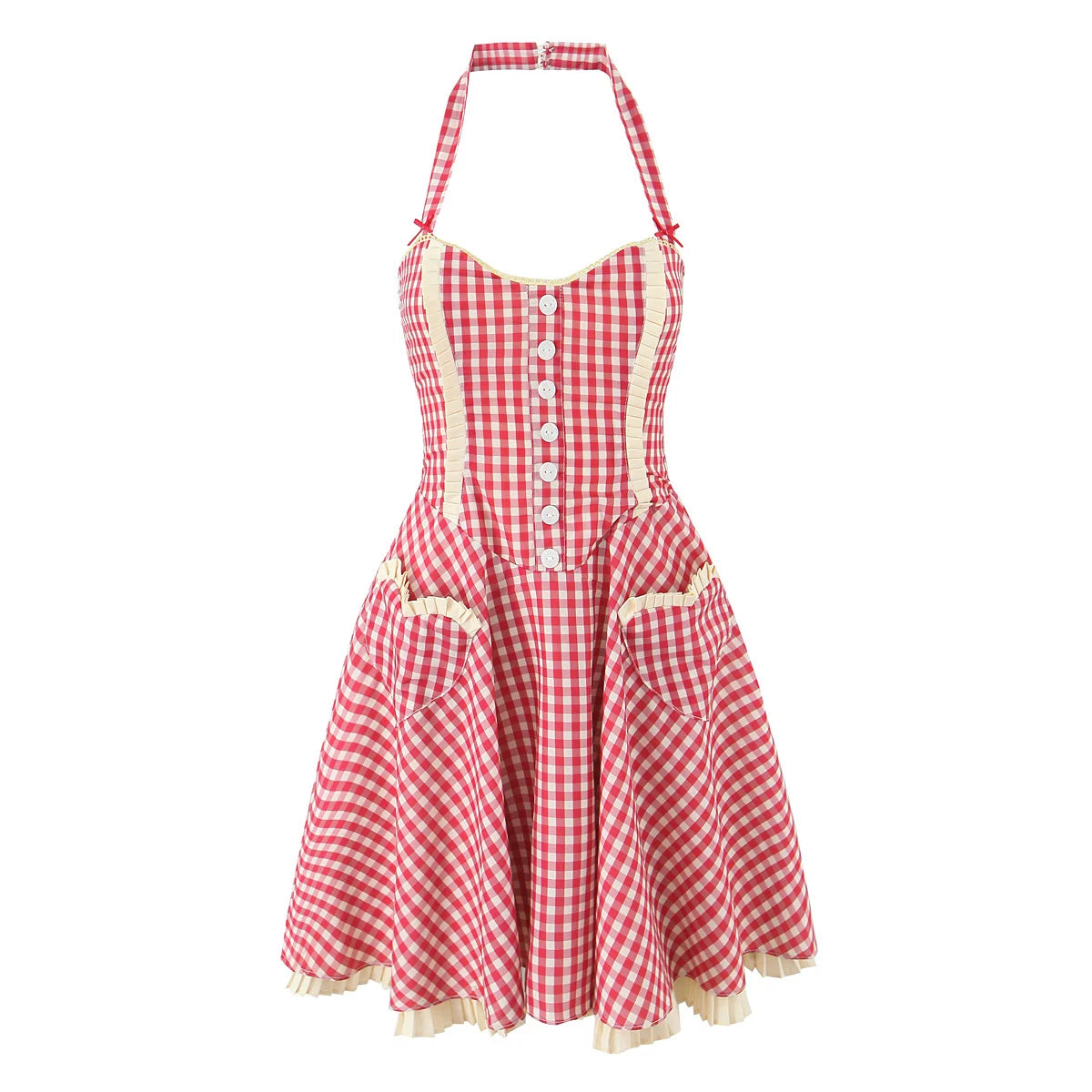 Cute Girl Red Plaid Halter Mini Dresses Women Front Button Pockets Sexy Backless  A-line Short Summer Dress Cotton Robe