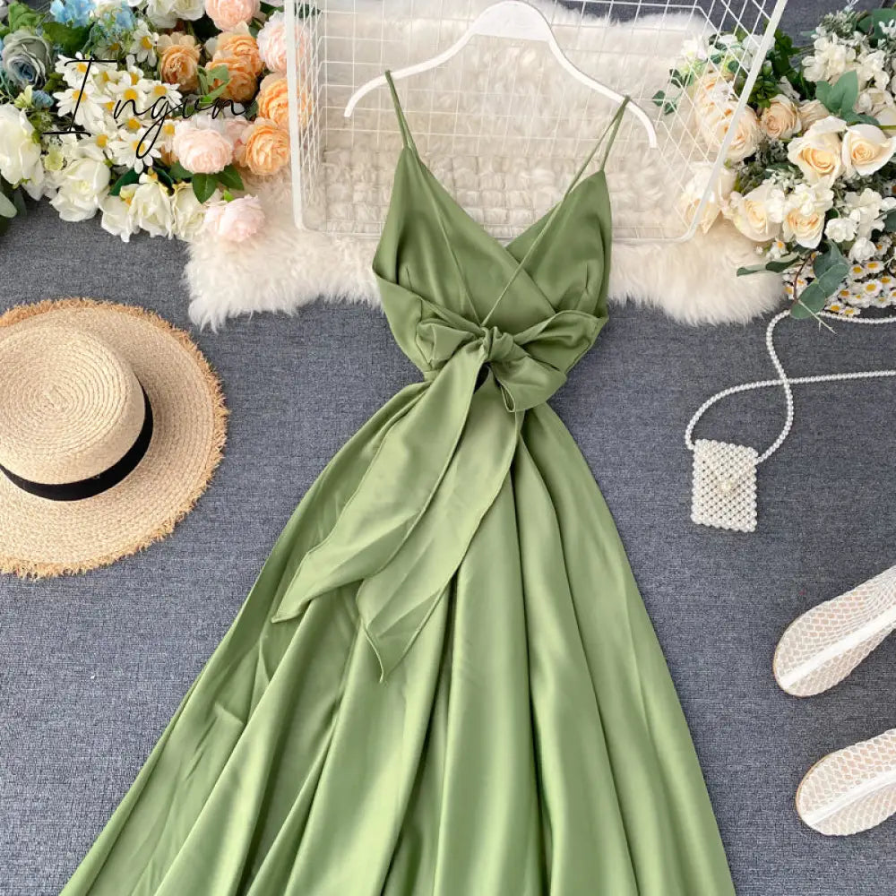 Ingvn - Boho Slim V Neck Summer bandage backless Maxi Long Dress Women Casual spaghetti strap Party Beach Holiday elegant tunic dress