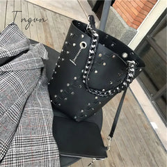 Ingvn - Designer Rivets Large Bucket Bags Women Purses and Handbags Female High Quality Shoulder Messenger Bags Black Hollow Out