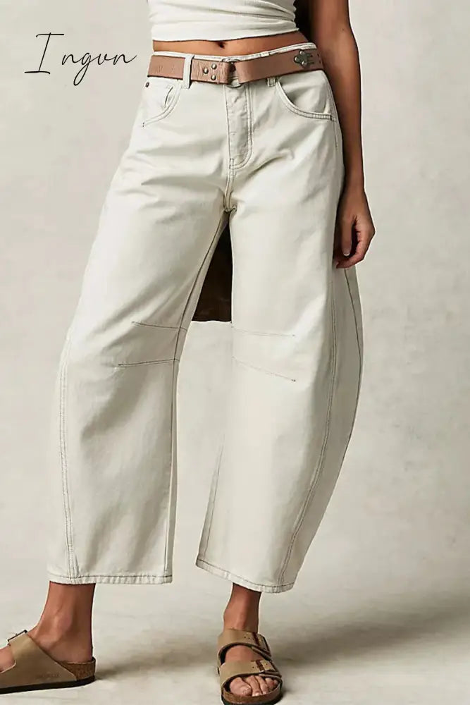 Ingvn- Casual Vintage Solid Pocket Without Belt Mid Waist Loose Denim Jeans(No Belt)