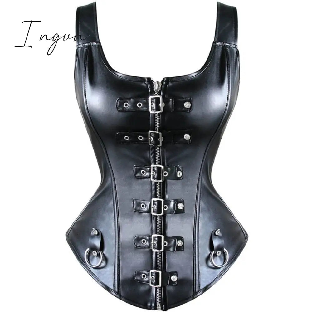 Ingvn - Faux Leather Corset Top Shoulder Strap Corselet Black Zipper Buckled Bustier Waist Trainer Vest Corset Overbust Women Steampunk
