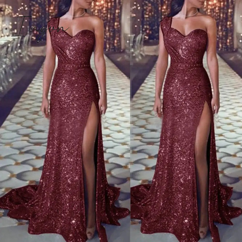 Ingvn - Big 5XL Fashion Women Dress Sequin Prom Party Fork Opening Ladies Dresses Ball Gown Sexy Gold Evening V-Neck Long Women Dress