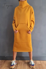 Ingvn - Casual Solid Pocket Turtleneck Long Sleeve Dresses