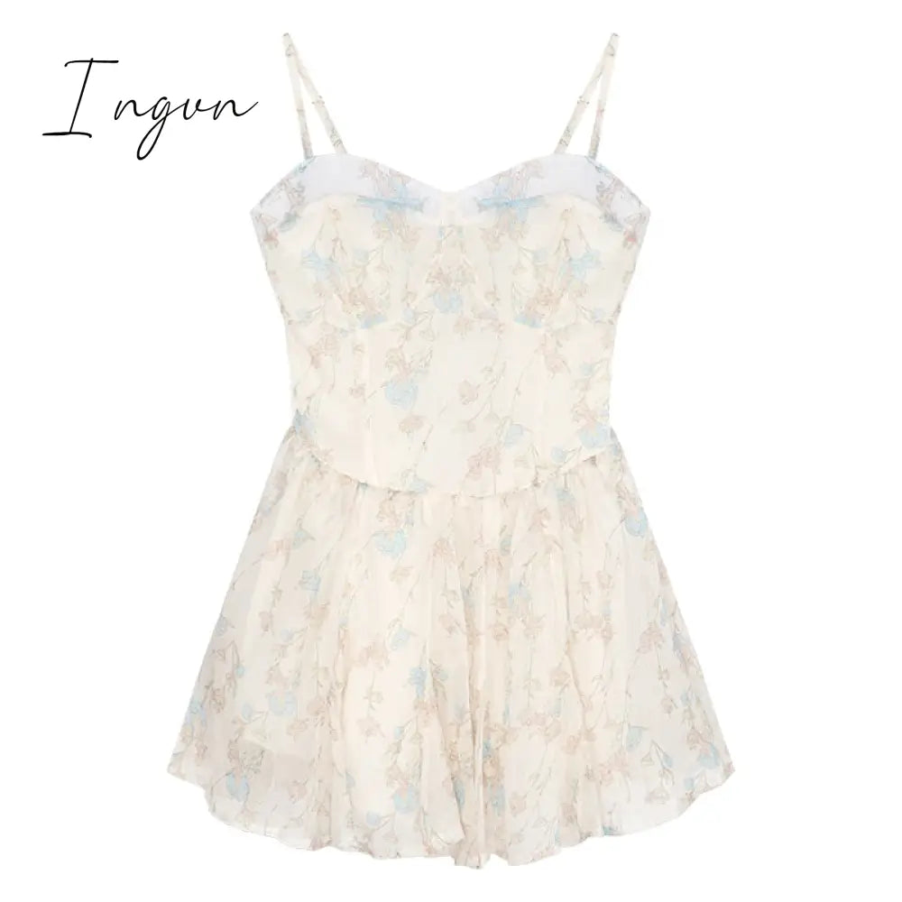 Ingvn - Summer Chiffon Fairy Floral Dress Women Korean Fashion Strap Sexy Party Mini Dress Female Designer Lace Chic Sweet Dresses
