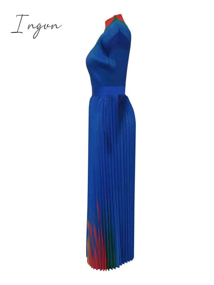 Ingvn - Long Pleated Dress Sets Women 2 Piece Outfits Summer Short Sleeve Gardient Print Swing Skirt Set Elegant Casual 2023 New In
