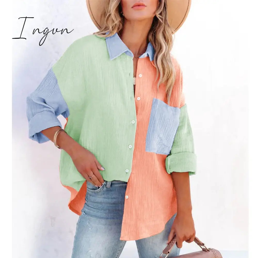 Ingvn - New Spring Summer Fashion Women New Patchwork Shirt Elegant Commute Contrast Lapel Buttons Cardigan Streetwear Ladies Casual Blouses
