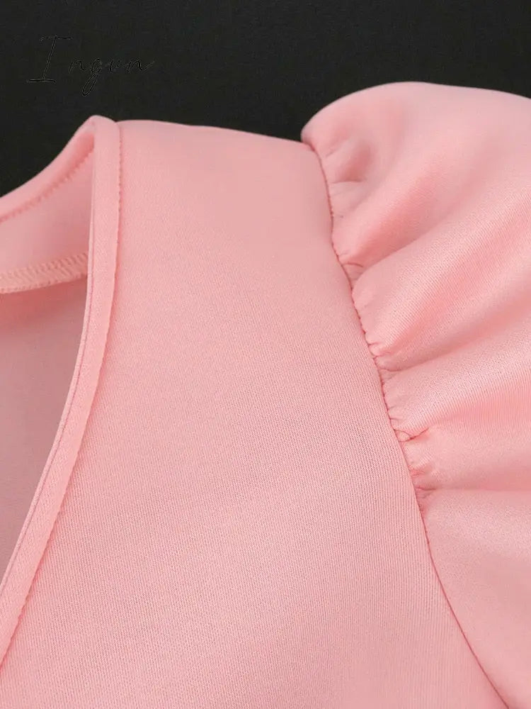 Ingvn - Pink Plus Size Dresses Women V Neck Short Puff Sleeve Big Flower Knee Length Outfits for Ladies Evening Birthday Party Gowns 4XL