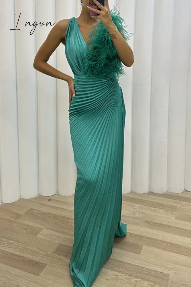 Ingvn - Sexy Solid Patchwork Pleated V Neck Long Dress Dresses