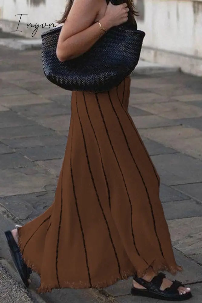 Ingvn - British Style Elegant Striped Tassel Patchwork High Waist Type A Patchwork Bottoms