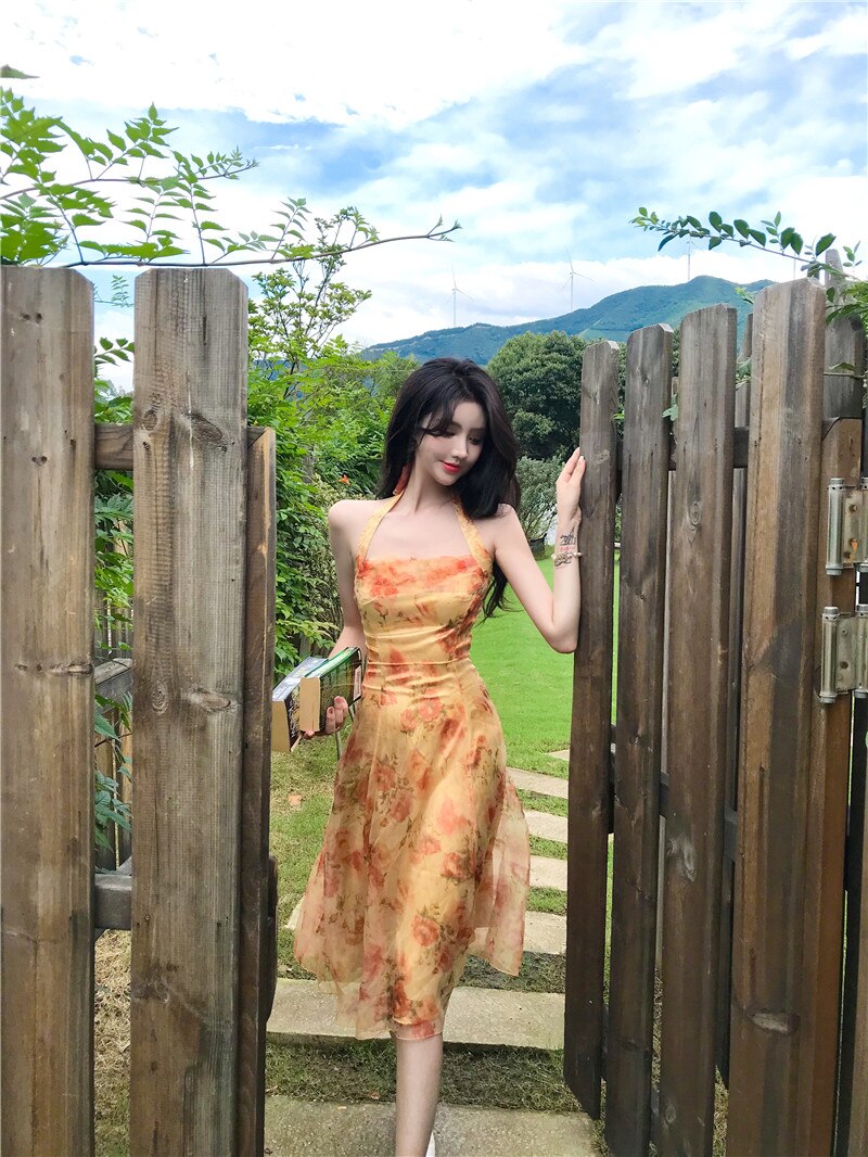 Women Midi Floral Halter Slip Dress Summer Vintage Painting Flowers Backless Casual Party Night Vacation Runway Vestidos