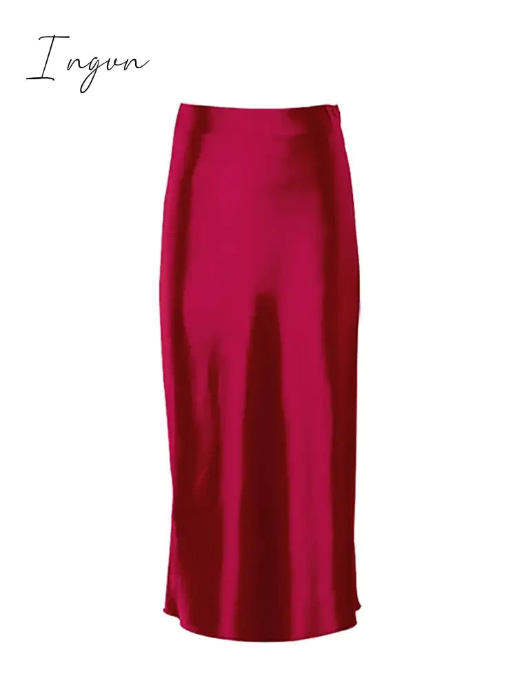 Ingvn - Solid Purple Satin Silk Skirt Women High Waisted Summer Long Skirt New Elegant Ladies Office Skirts Midi Spring