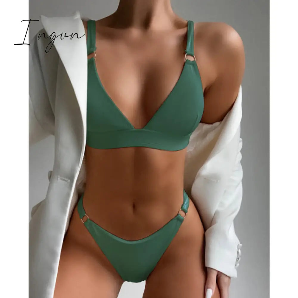 Ingvn - New Sexy Ribbed Ring Bikinis Swimsuit Women Push Up Swimwear Solid Bikini Set Summer Beach Brazil Biquini Swim Bathing Suit