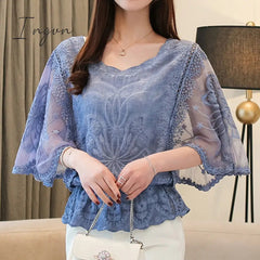 Ingvn - Spring Outfits 2023 Trends Summer Top Fashion Womens Tops and Blouses Ladies Tops Lace White Shirts Women Tops Blouse for Women Solid Hollow Out Sweet 4073