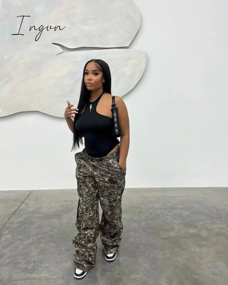 Ingvn - New Camouflage  Print Hight Waist Pants Casual Pocket Cargo Pants Streetwear Y2K Trousers Club Fashion Women Clothing