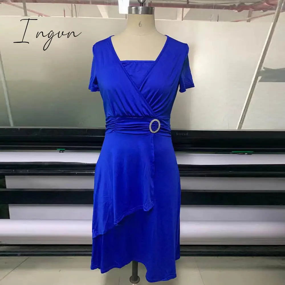 Ingvn - 2023 New Trends Retro Women High Waist Irregular Midi Dresses Summer Fashion V-neck Short Sleeve A-line Party Dress Elegant Office Lady Vestidos