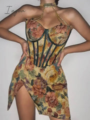 Ingvn - Floral Mini Dress Corsets Chain Halter Backless Dress Women Sexy Sleeveless Summer Streetwear  Chic Party Clothes